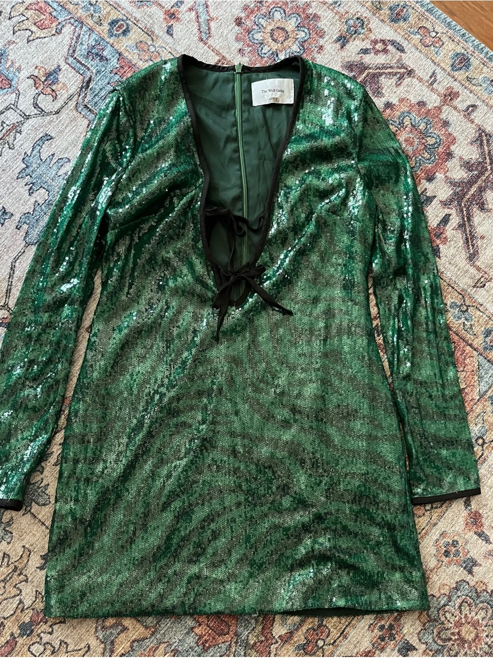 Flawed Gem: The Wolf Gang green w/black stripes clear sequins, black velvet trim